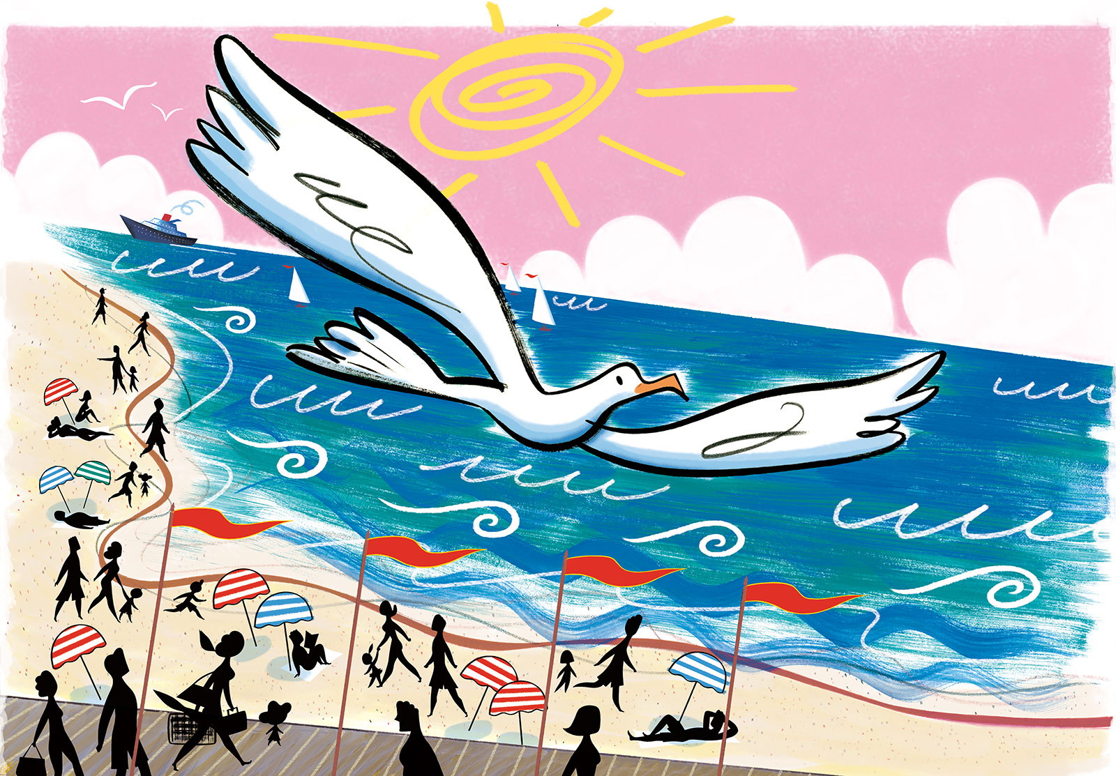 click upper right corner of images to enlarge above: Bebe Goes to the Beach – a view of the sunny playa and the rolling white olas…