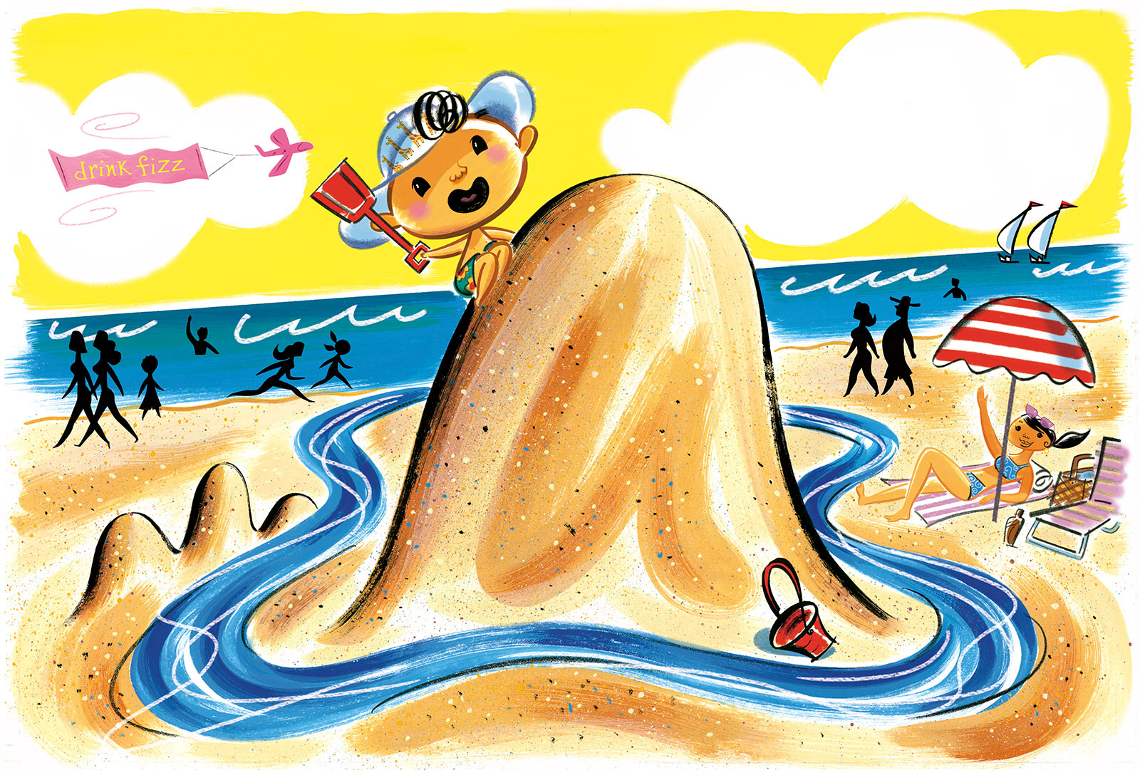 click upper right corner of images to enlarge above: Bebe Goes to the Beach – Bebe builds a mountain (montana) on the sandy beach…
