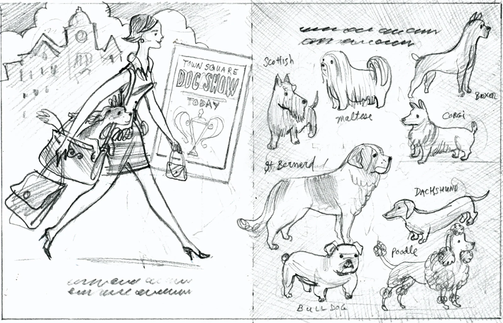 click upper right corner of images to enlarge above: one of the rough preliminary pencil sketches… depicting the Princess pup with her fashionable owner, as well as some of the pup’s pedigreed friends.