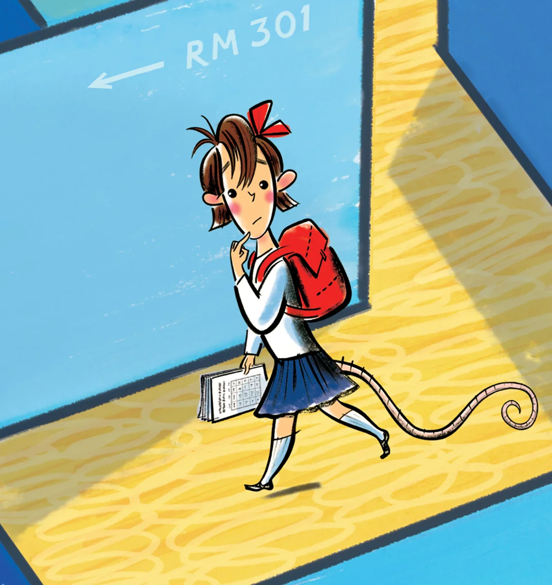 click upper right corner of images to enlarge above: a detail view of a spread illustration depicting the first day of school when the kids are like mice lost in a big maze of hallways and rooms…