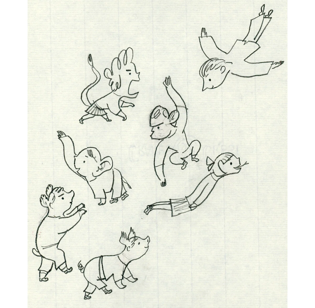 click upper right corner of images to enlarge above: one of the early preliminary sketches in crayon, depicting the school children morphing into various animals… a lion, a bird. an elephant, a monkey, a bear, a snake, and a pig.