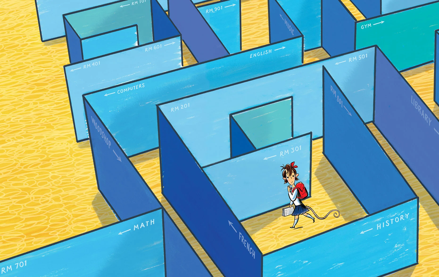 click upper right corner of images to enlarge above: a cropped view of a spread illustration depicting the first day of school when the kids are like mice lost in a big maze of hallways and rooms…