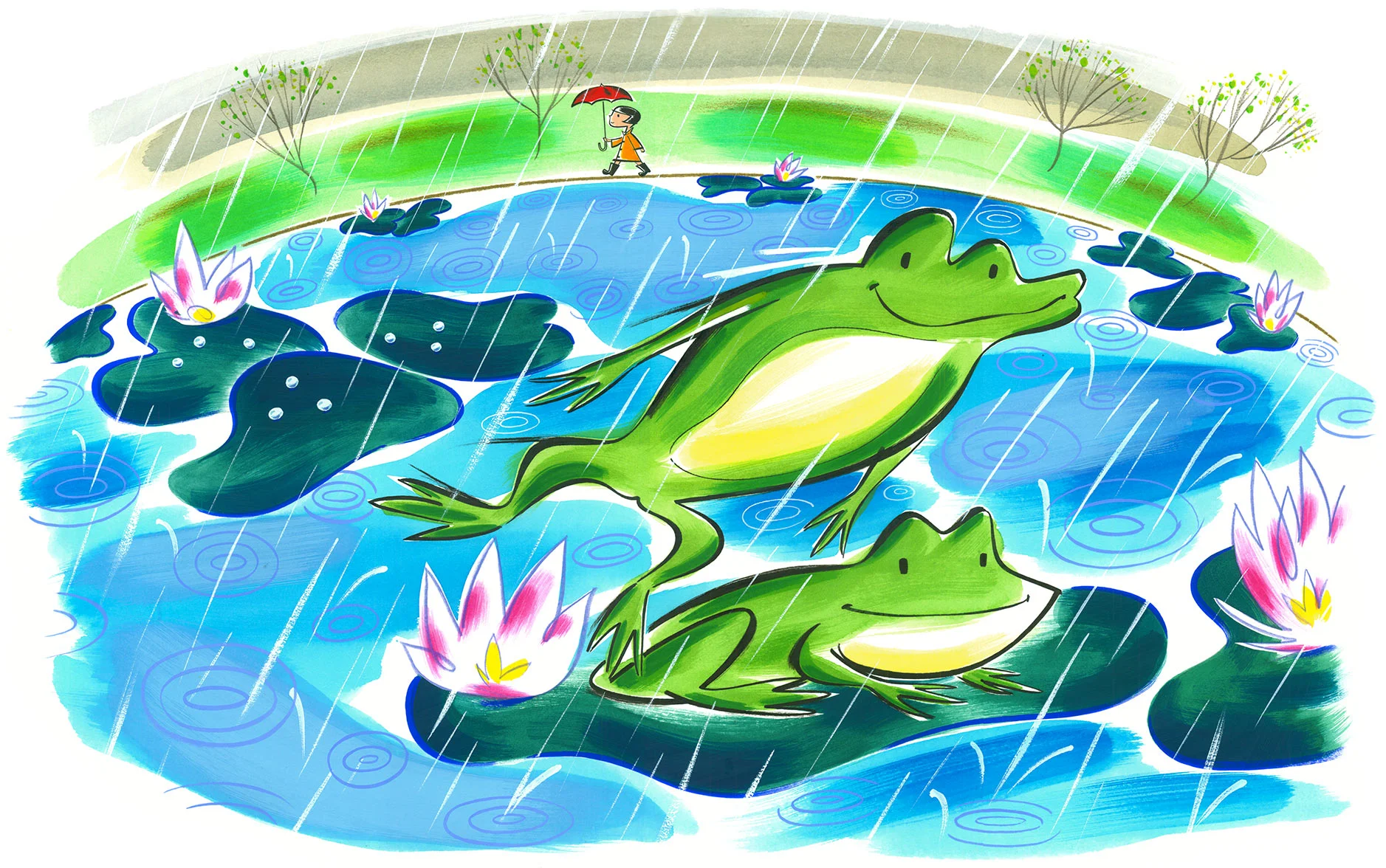 click upper right corner of images to enlarge above: one of the springtime season spread illustrations, of the little dark haired girl walking in the rain … for the unique math equation poems : raindrops x leaves = pearls on green plates puddles ÷ raindrops = circles Mathematickles -written by Betsy Franco & illustrated by Steven Salerno -published by Margaret McElderry Books/Simon & Schuster , 2003 Math haiku that tickles your brain. Fun words take the place of numbers in all sorts of math equations, becoming playful, beautiful, sassy, and creative in this whimsical romp through the four seasons, seen through the eyes of a young girl and her cat. “The author mixes math and language as she frolics through the four seasons. Franco plus Salerno add up to plenty of fun in this nimble brain teaser ” -Publishers Weekly , STARRED REVIEW “These cleverly conceived and lively little poems teasingly blend words with mathematical concepts and symbols. Imaginative double-page, watercolor-and-gouache illustrations rev up the fun, season by season. Words + math + seasons = an enchanting collection ” -School Library Journal STARRED REVIEW “Franco adds to her mathematical oeuvre with this clever collection of poems written in the form of equations and grouped by seasonal themes… Salerno's illustrations, rendered in watercolor and gouache, with bright colors and broad, grainy brush strokes, have a nostalgic feel… By incorporating the language of mathematics, Franco pushes readers to view the poems through a different lens-and with a more critical eye” -Kirkus Reviews “By incorporating the language of mathematics, Franco pushes readers to view the poems through a different lens-and with a more critical eye” - Horn Book , STARRED REVIEW - A Junior Library Guild Selection - A Children's Book Club of the Month selection - A South Dakota Prairie Bud Award