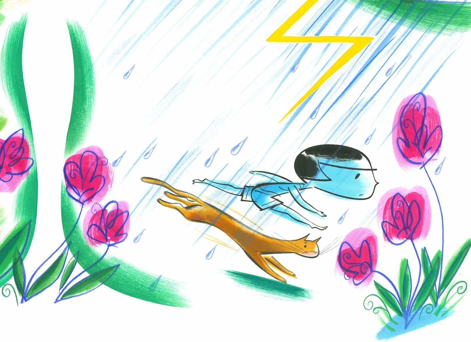 above: detail from one of the summer season spread illustrations, of the little dark haired girl and her cat making dash due to sudden thunderstorm … for the unique math equation poem : thunder + lightning + wind + rain that’s warm = summer storm