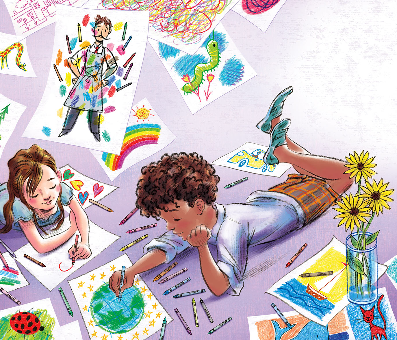 click upper right corner of images to enlarge above: (cropped view) illustration of contemporary kids today, drawing with an array of Crayola crayon color choices, far beyond the original 8 colors first introduced way back in 1903! see Steven’s blog post on making the illustrations for The Crayon Man
