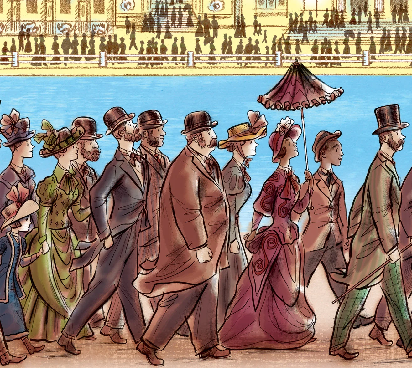 click upper right corner of images to enlarge above: detail view of the crowds entering the fair grounds on opening day of the 1893 Chicago World's Fair. View a posting on Steven's blog on how the illustrations for this picture book were created.