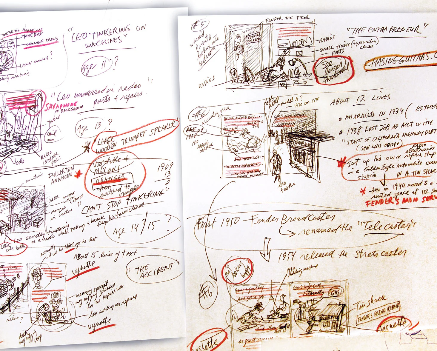 a sheet of rough preliminary storyboard thumbnail sketches for Gizmos, Gadgets, and Guitars –to begin working out which actions and events in the story will be illustrated…