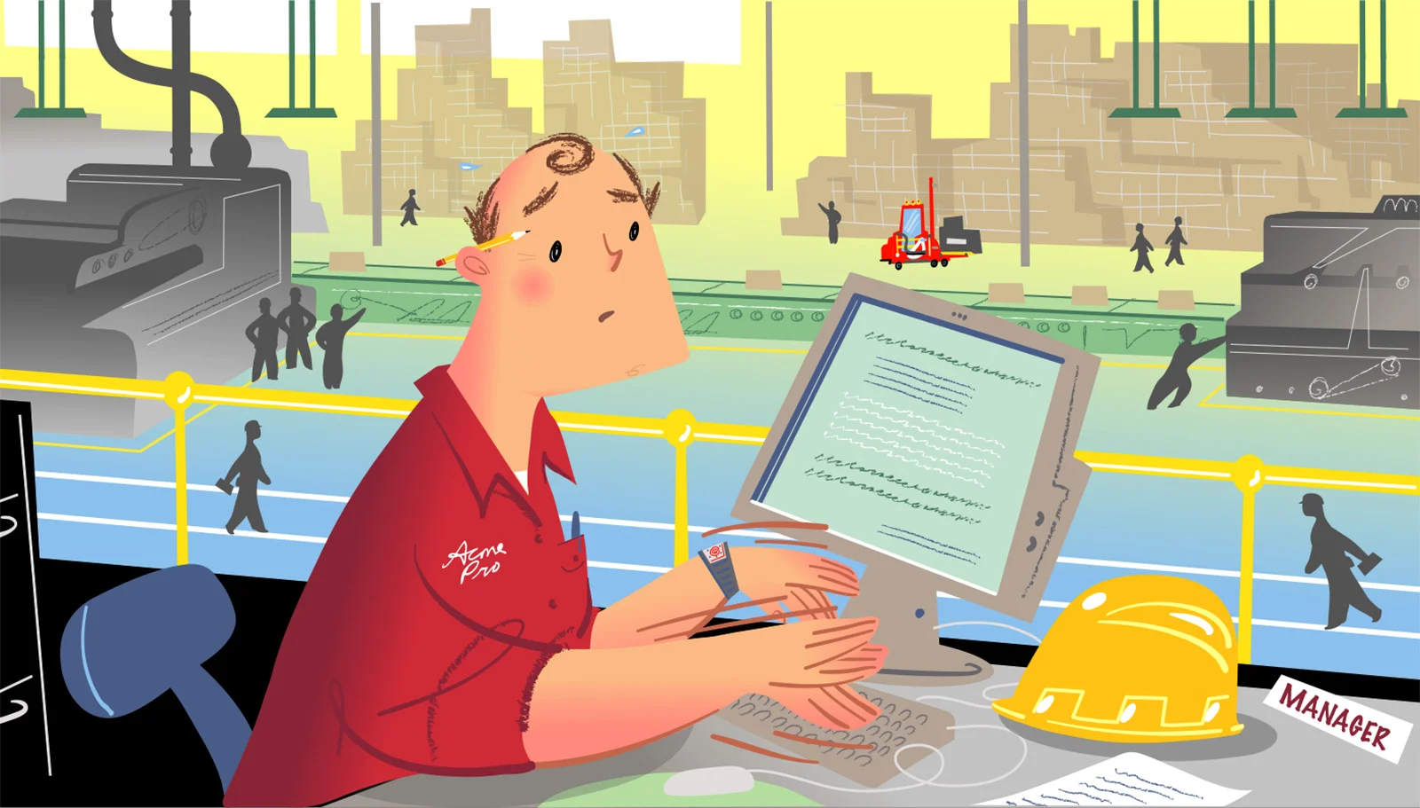 one of the final illustrated scenes and a factory manager character created for the advertising commercial, INSIGHT –produced by Voicewalk studio