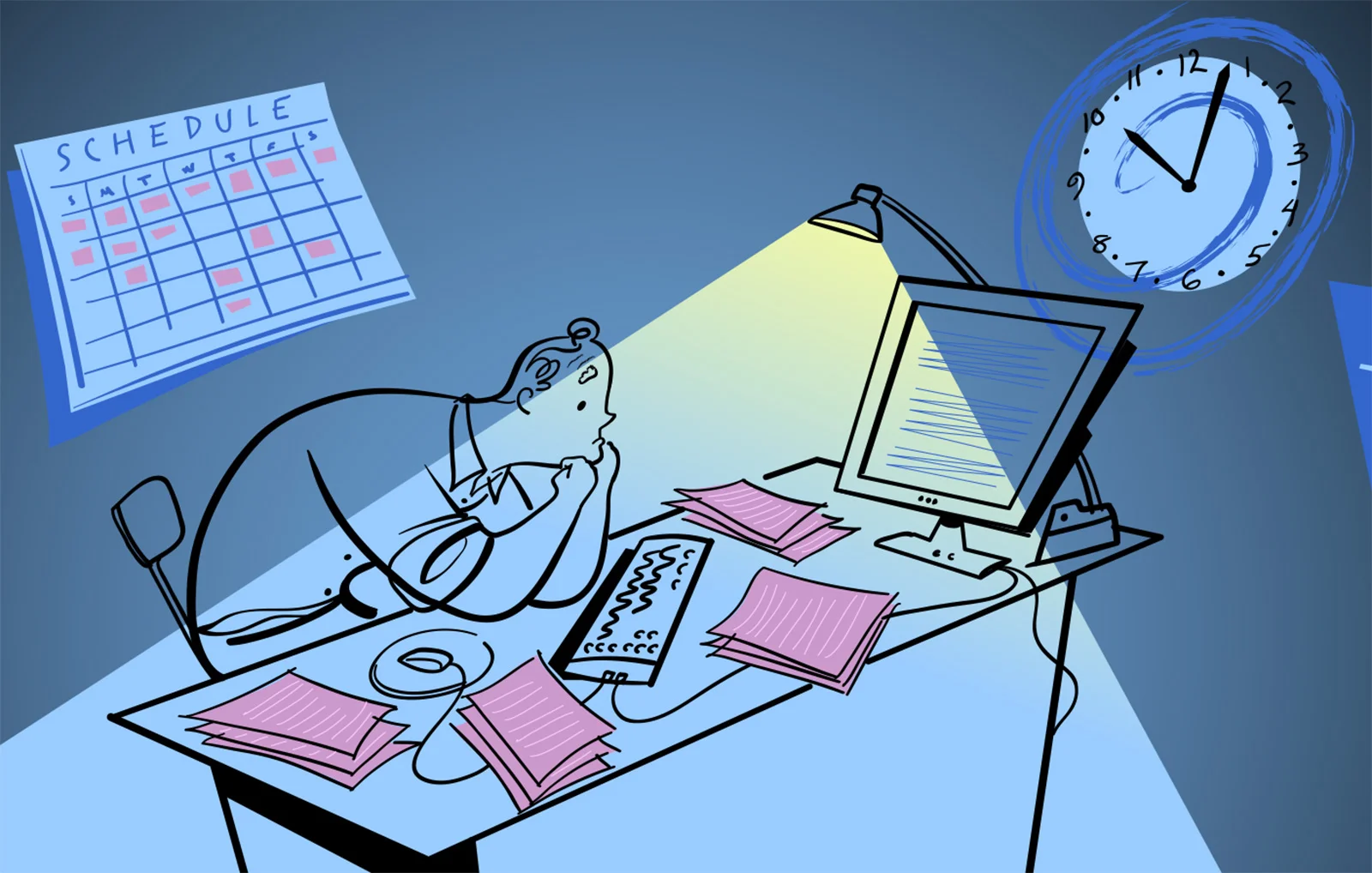 one of the final illustrated scenes and an office manager character created for the advertising commercial, VaZing –produced by Voicewalk studio