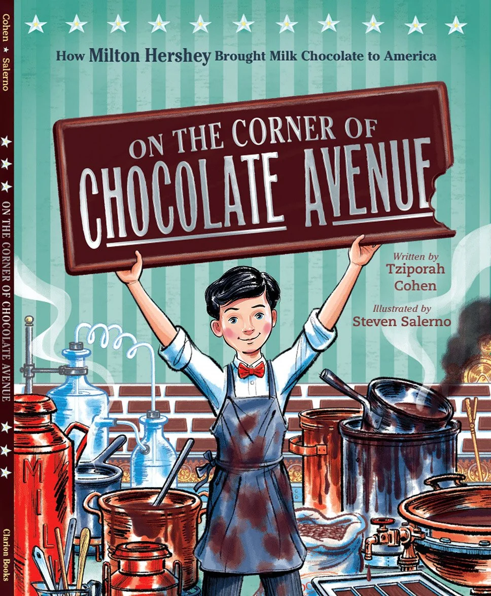 click upper right corner of images to enlarge above: cover of On the Corner of Chocolate Avenue -How Milton Hershey Brought Milk Chocolate to America -depicting a young Milton Hershey. -A Junior Library Guild GOLD STANDARD Selection 2022