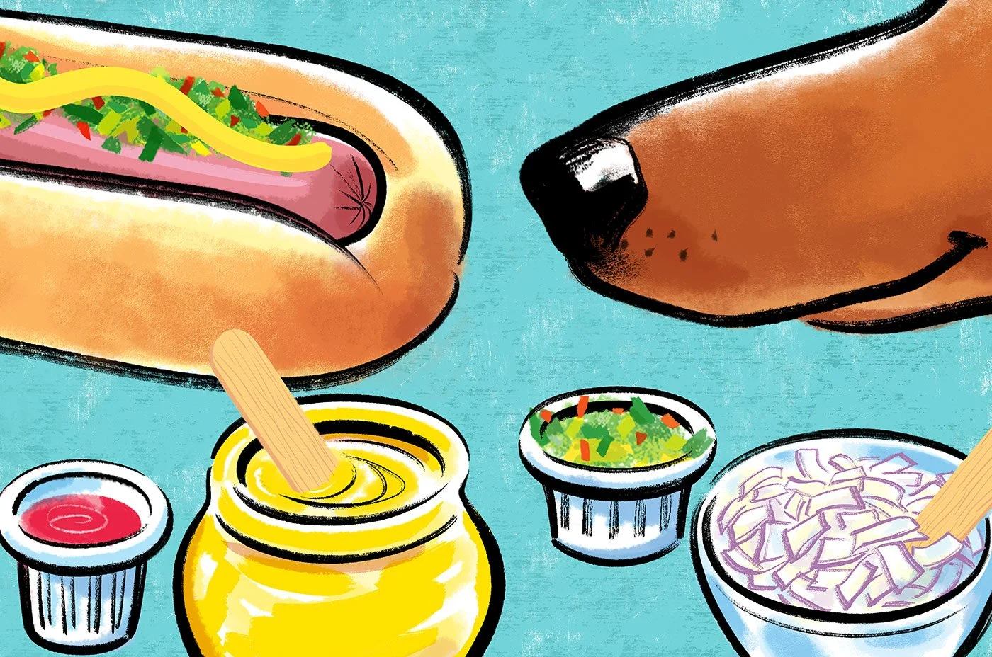  click upper right corner of images to enlarge   above:  the front and back covers of the picture book’s hard case, depicting a hot dog, condiments, and Frank De Wienerdog’s nose!   HOT DOG! The History of America’s Favorite Sausage  -written by  Chr