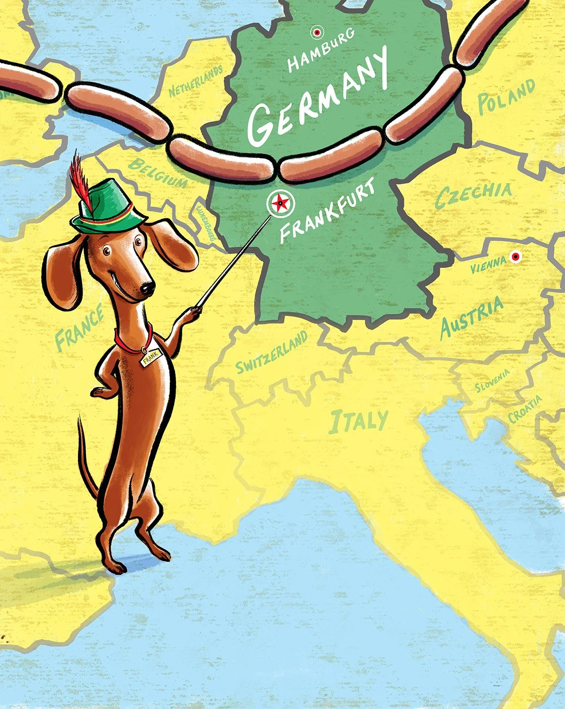  click upper right corner of images to enlarge   above:  Frank De Wienerdog before a map of Europe indicating the country Germany and its history of making sausages.   HOT DOG! The History of America’s Favorite Sausage  -written by  Christine Van Zan