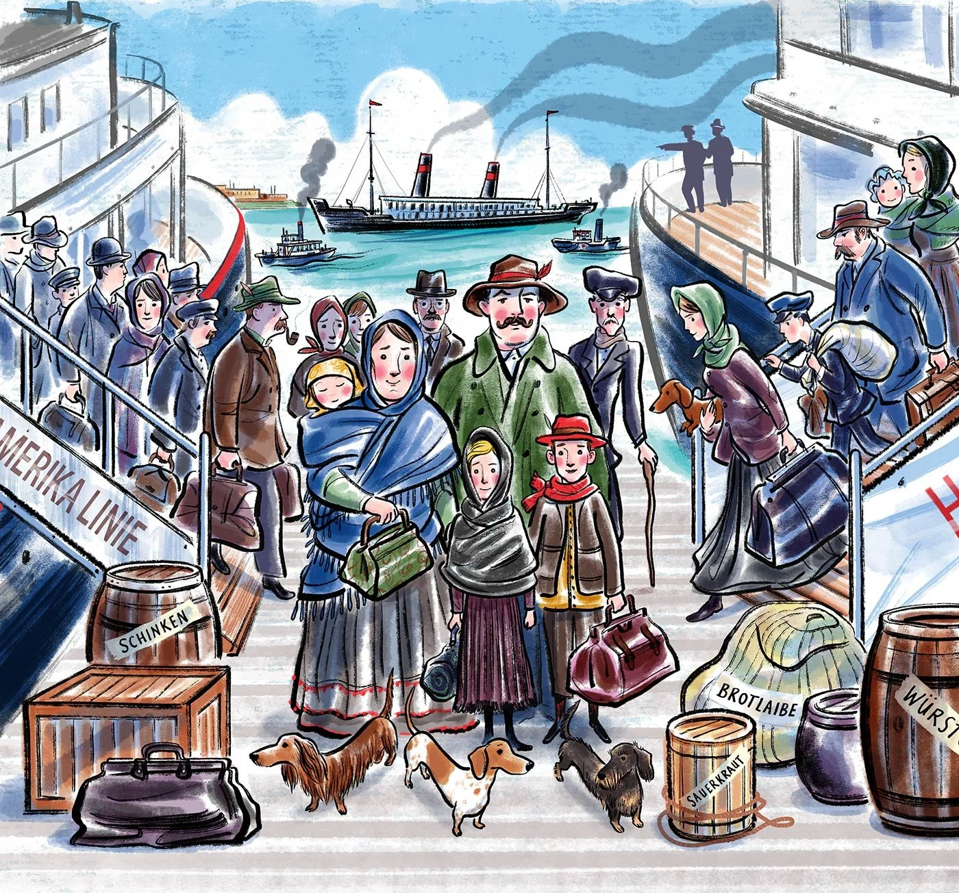  click upper right corner of images to enlarge   above:  mid 1800’s German immigrants arriving in America bringing their dachshunds and sausages…    HOT DOG! The History of America’s Favorite Sausage  -written by  Christine Van Zandt  &amp; illustrat