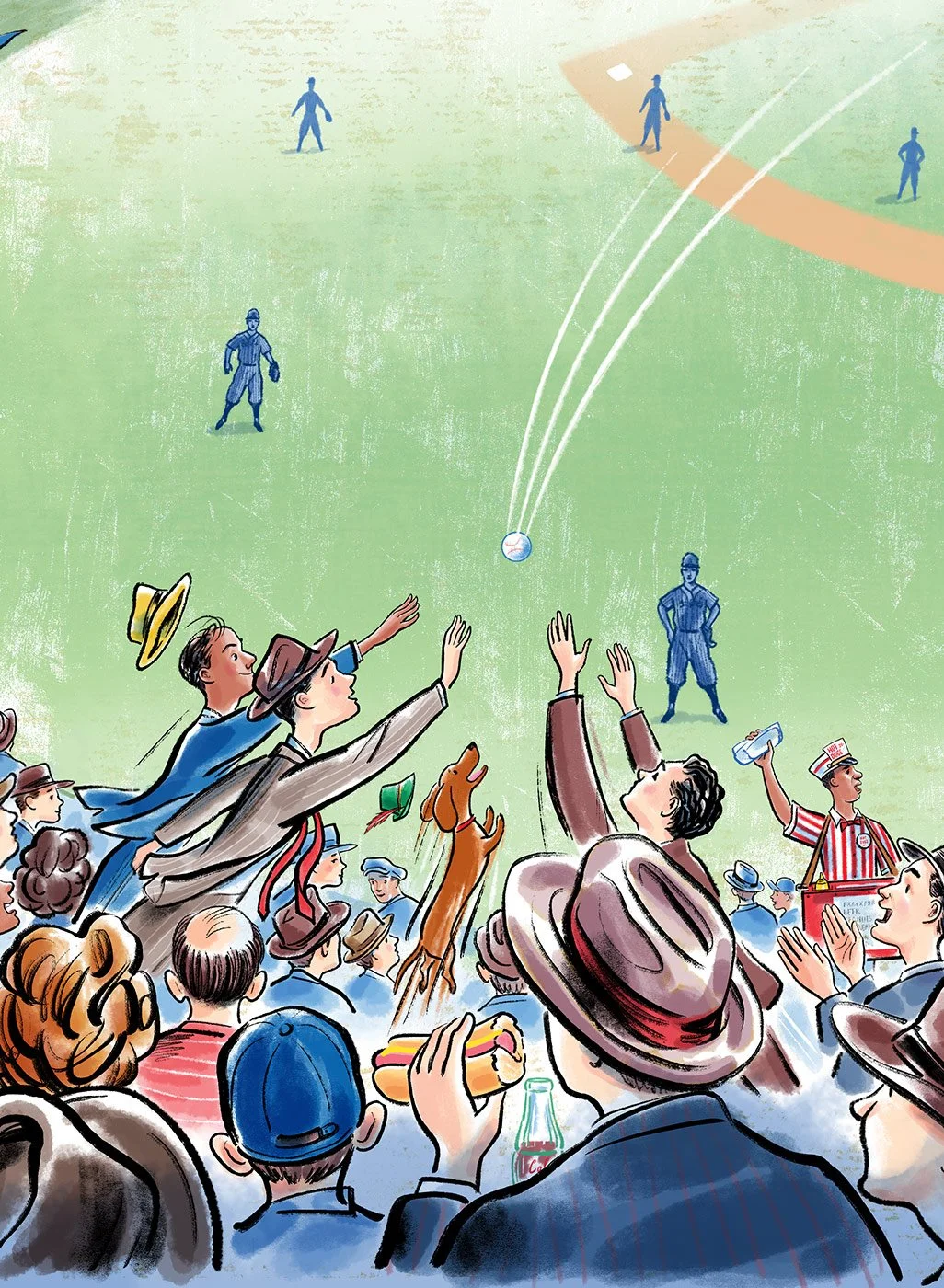  click upper right corner of images to enlarge   above:  detailed view of a 1940’s era baseball stadium scene with fans enjoying hot dogs, and Frank De Wienerdog trying to catch a home run ball!    HOT DOG! The History of America’s Favorite Sausage  