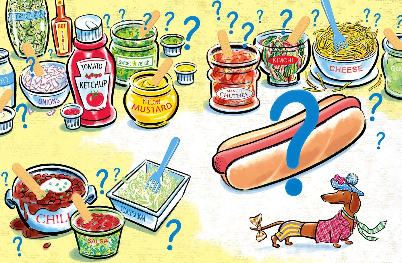  click upper right corner of images to enlarge   above:   many of the favorite condiments people enjoy on their hot dogs!   HOT DOG! The History of America’s Favorite Sausage  -written by  Christine Van Zandt  &amp; illustrated by  Steven Salerno.  P