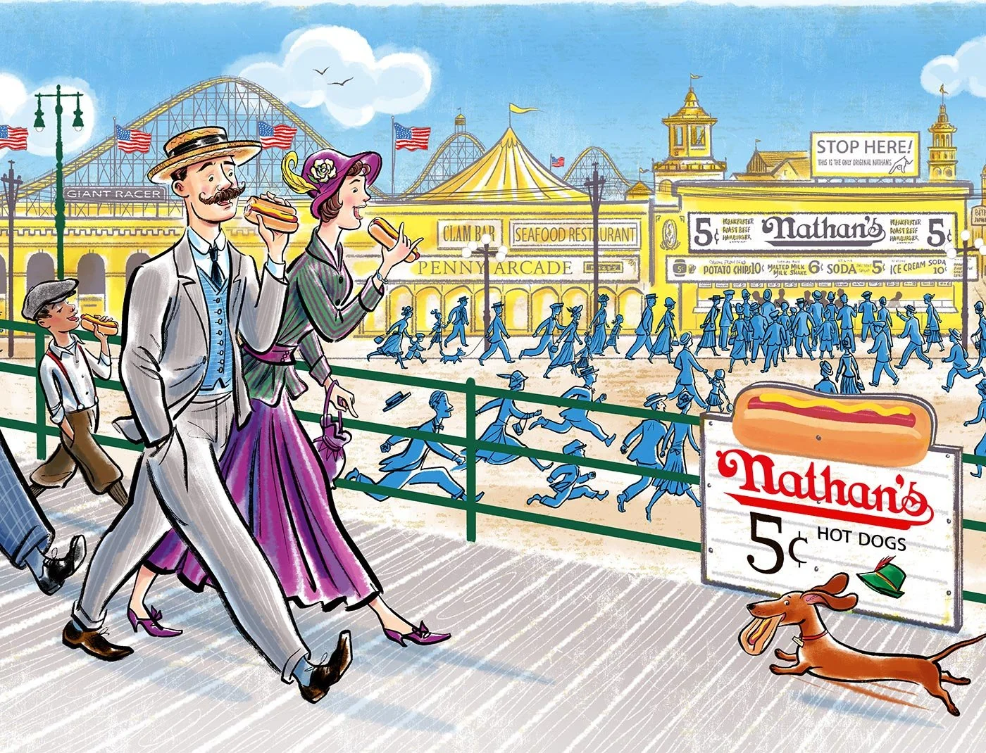  click upper right corner of images to enlarge   above:  detail of a scene in the early 1900’s of New York City’s  Coney Island Boardwalk –and the very first Nathan’s hot dog location.   HOT DOG! The History of America’s Favorite Sausage  -written by