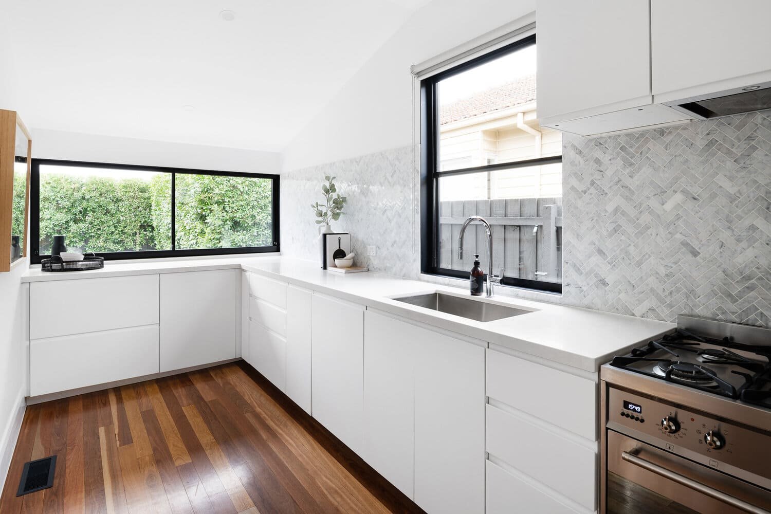 Private Residence Vertical and Horizontal Steel Fixed Windows In Kitchen View