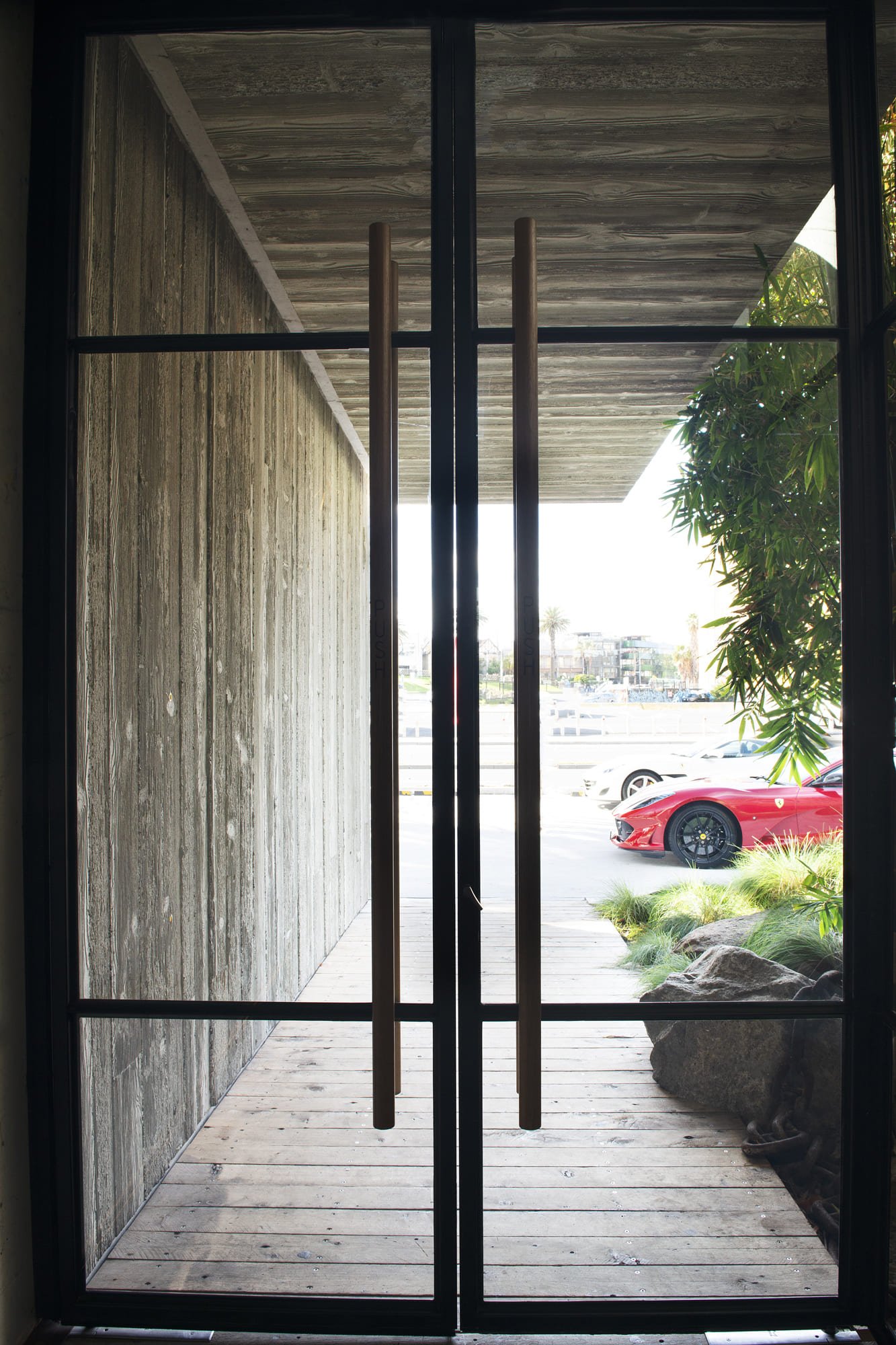 Stokehouse Restaurant Double Pivot Doors With Fixed Windows And Custom Handle Closer Look