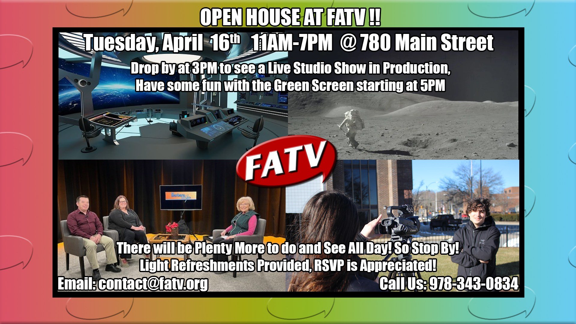 On Tuesday, April 16th, FATV is hosting an open house! Drop in anytime from 11AM to 7PM to tour our community media center. Watch a LIVE studio taping of the &ldquo;Barbara and You&rdquo; show starting at 3PM. Come on by at 5PM to take a ride on a st