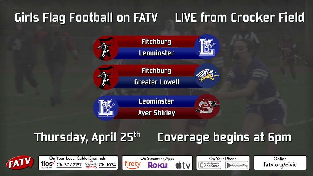 Fitchburg High School Girls Flag Football tonight on FATV 
Watch at 6pm on:
Comcast/Xfinity Ch 1074
Verizon/Fios Ch 2137
Streaming at live.fatv.org/civic 
@fitchburgpublicschools @fitchburg_athletics @cityoffitchburg @cityofleominsterma @lhs_blue_dev