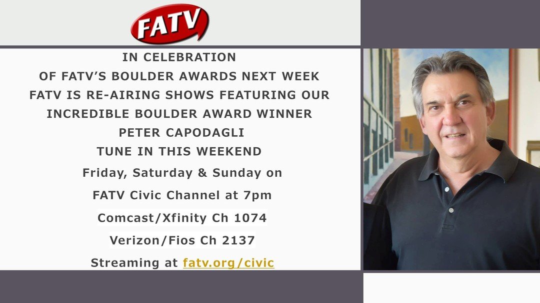 This weekend enjoy past programs featuring Pete Capdolagli on FATV 
Watch at 7pm on 
Comcast/Xfinity Ch 1074
Verizon/Fios Ch 2137
Streaming at fatv.org/civic