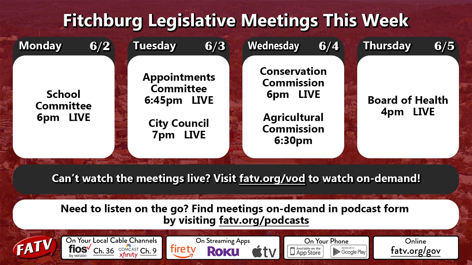 Legislative Meetings this week on FATV
Watch on:
Comcast/Xfinity Ch 9
Verizon/Fios Ch 36
Streaming at fatv.org/gov

City of Fitchburg 
@cityoffitchburg