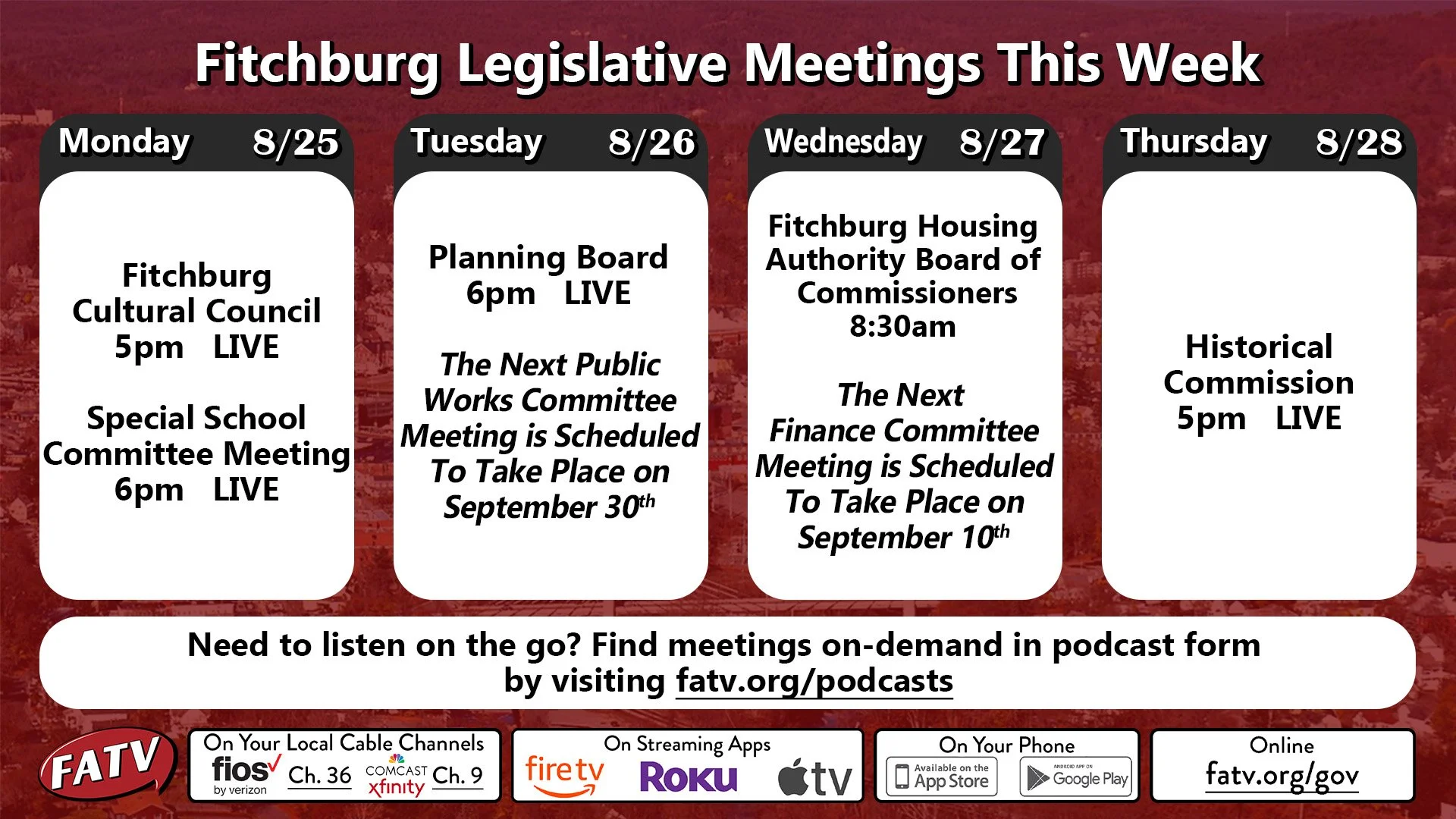 Legislative Meetings this week on FATV
Watch on:
Comcast/Xfinity Ch 9
Verizon/Fios Ch 36
Streaming at fatv.org/gov
City of Fitchburg 
@cityoffitchburg