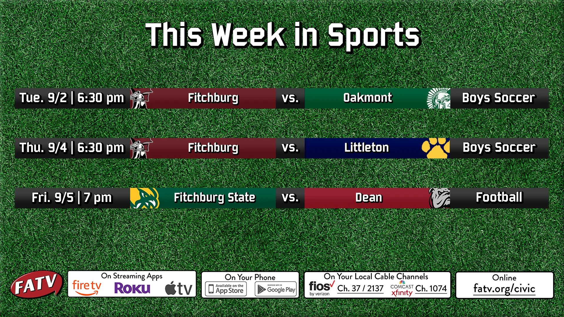 Sports this week on FATV!
🏈⚽
Watch Live on the Civic Channel:
Comcast Ch 1074
Verizon Ch 2137
Streaming at fatv.org/civic

Can't watch live? Find all games On-Demand at fatv.org/sports

Fitchburg Athletics 
@fitchburg_athletics