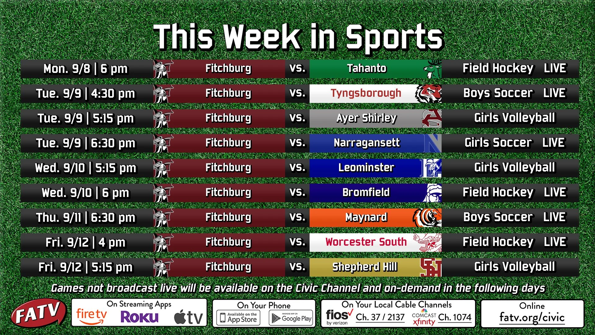 Sports this week on FATV!
⚽🏑
Watch Live on the Civic Channel:
Comcast Ch 1074
Verizon Ch 2137
Streaming at fatv.org/civic
Can't watch live? Find all games On-Demand at fatv.org/sports

Fitchburg Athletics 
@fitchburg_athletics 
Fitchburg Public Scho