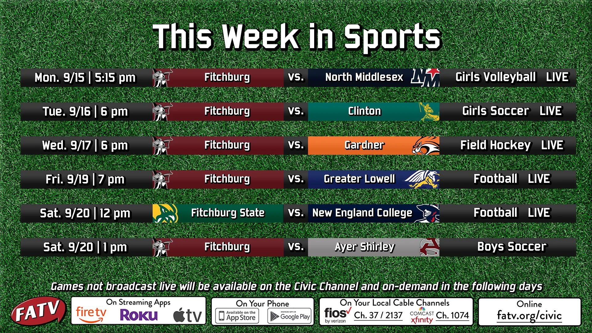Sports this week on FATV!
🏈🏐⚽🏑
Watch Live on the Civic Channel:
Comcast Ch 1074
Verizon Ch 2137
Streaming at fatv.org/civic
Can't watch live? Find all games On-Demand at fatv.org/sports

Fitchburg Public Schools 
@fitchburgpublicschools 
Fitchburg
