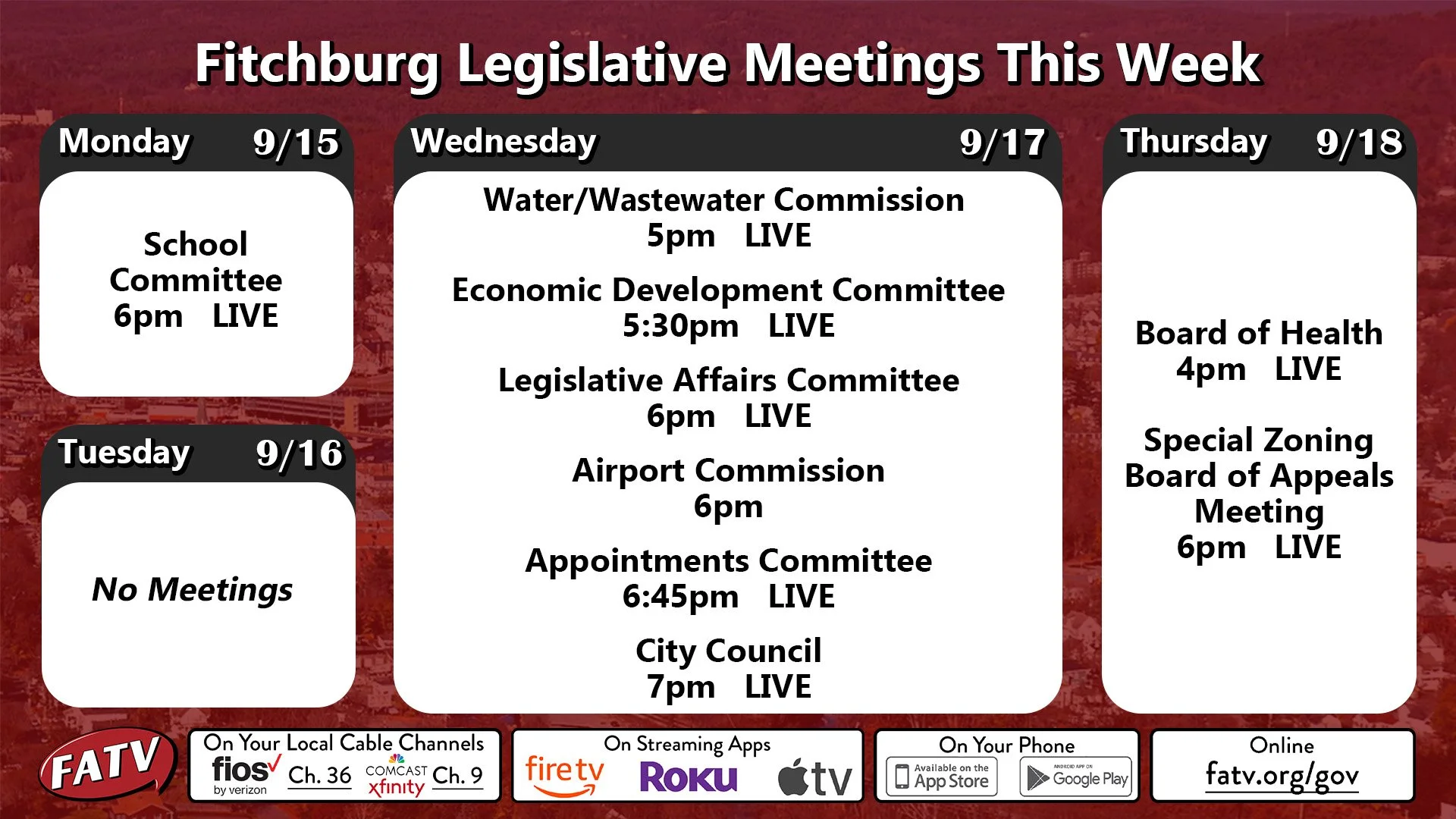 Legislative Meetings this week on FATV
Watch on:
Comcast/Xfinity Ch 9
Verizon/Fios Ch 36
Streaming at fatv.org/gov
City of Fitchburg 
@cityoffitchburg