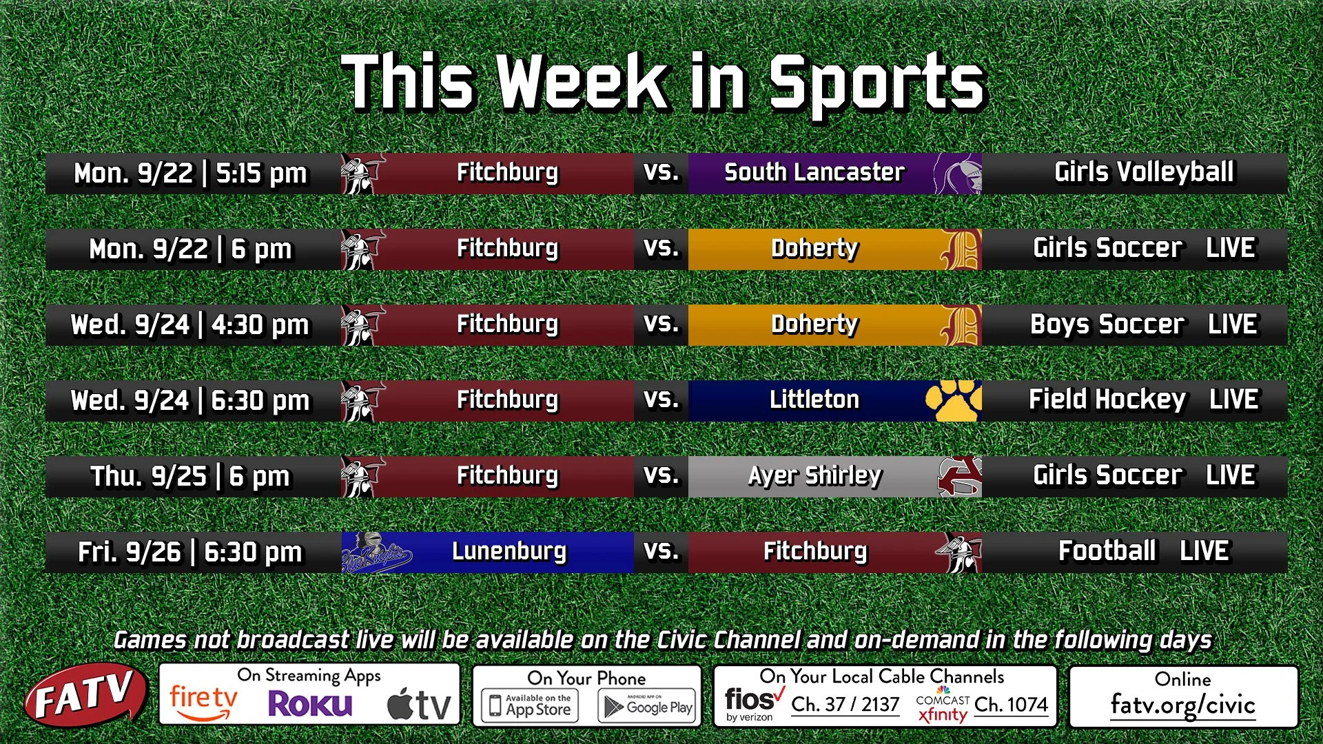 Sports this week on FATV!
🏈🏐⚽🏑
Watch Live on the Civic Channel:
Comcast Ch 1074
Verizon Ch 2137
Streaming at fatv.org/civic
Can't watch live? Find all games On-Demand at fatv.org/sports
Fitchburg Public Schools 
@fitchburg_athletics 
Fitchburg Ath