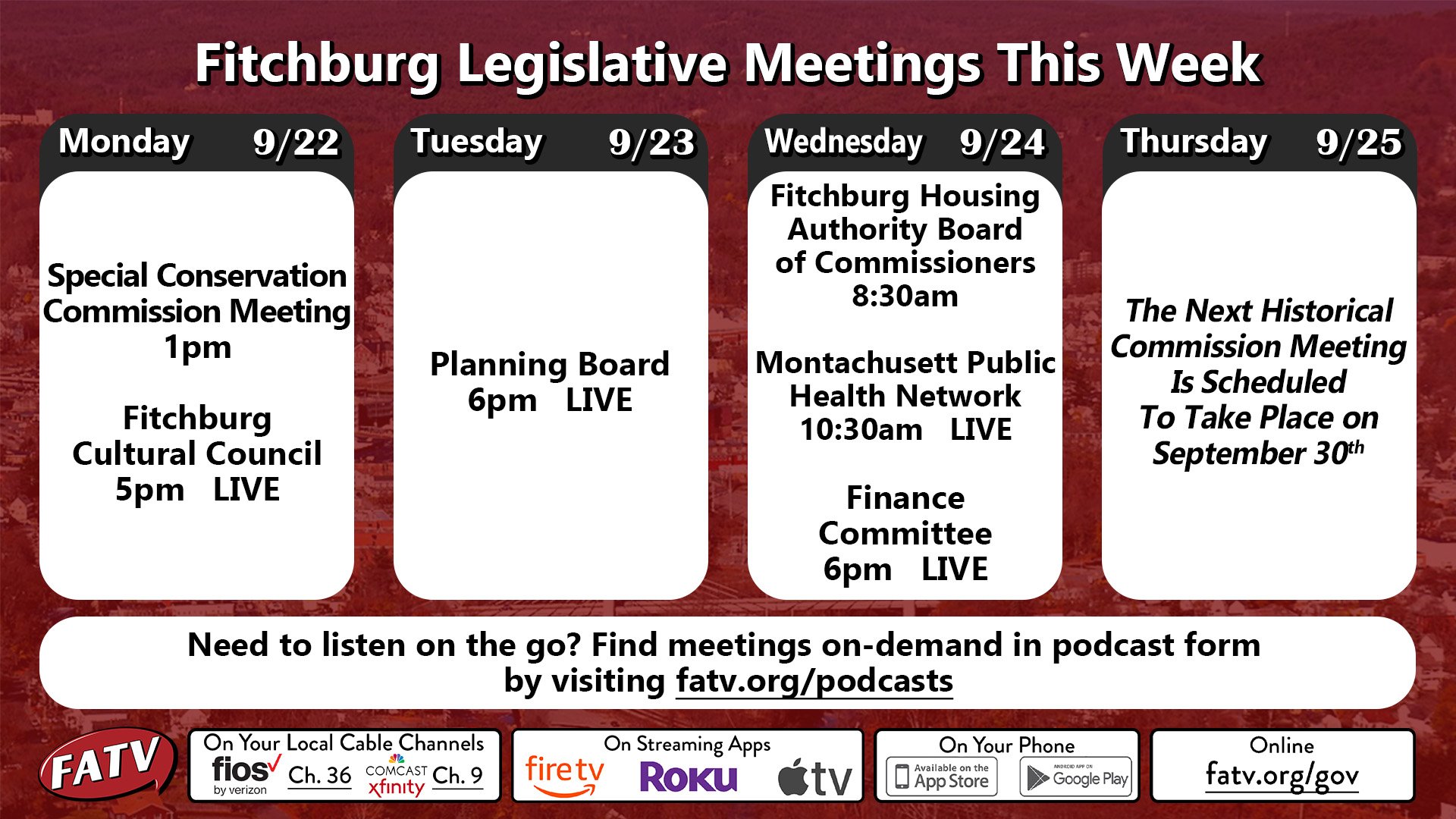Legislative Meetings this week on FATV
Watch on:
Comcast/Xfinity Ch 9
Verizon/Fios Ch 36
Streaming at fatv.org/gov

@cityoffitchburg 
City of Fitchburg