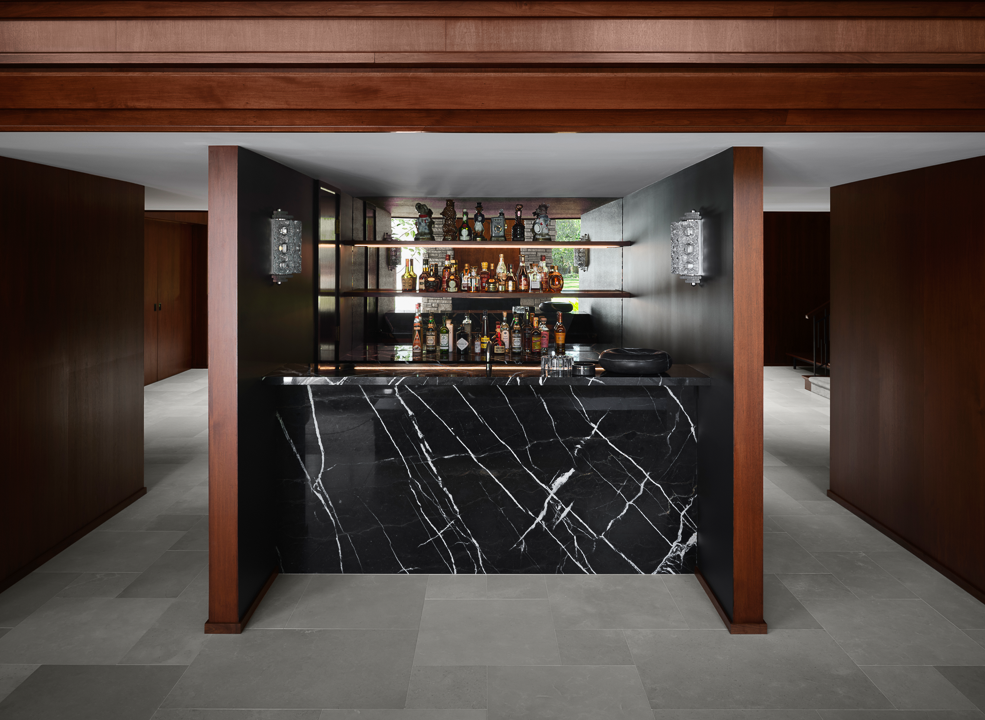 Remodeled cocktail bar at Atherton home originally designed by Goodwin Steinberg