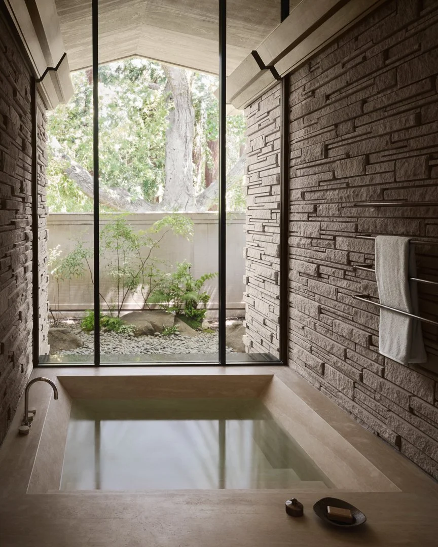Remodeled sunken spa tub at Atherton home designed by Goodwin Steinberg