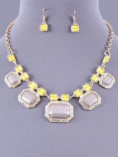 Square Diamond Bead Necklace and Earrings  