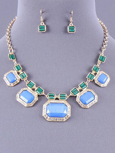 Square Diamond Bead Necklace and Earrings