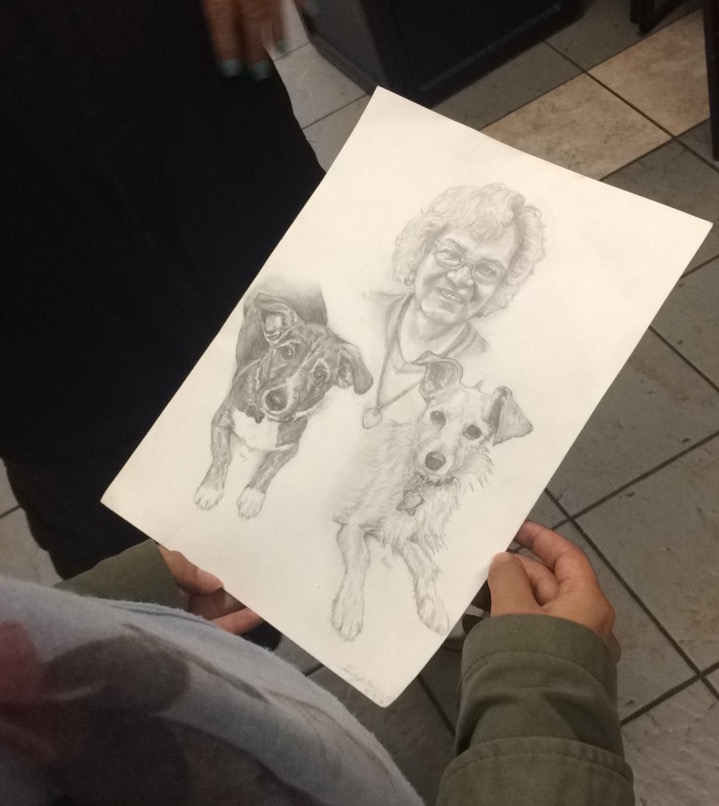 This portrait was drawn by a night guard for Ms. Tomas, a trans resident with her two dogs. We were inspired by this gesture of "giving" and the focus on the individual. 