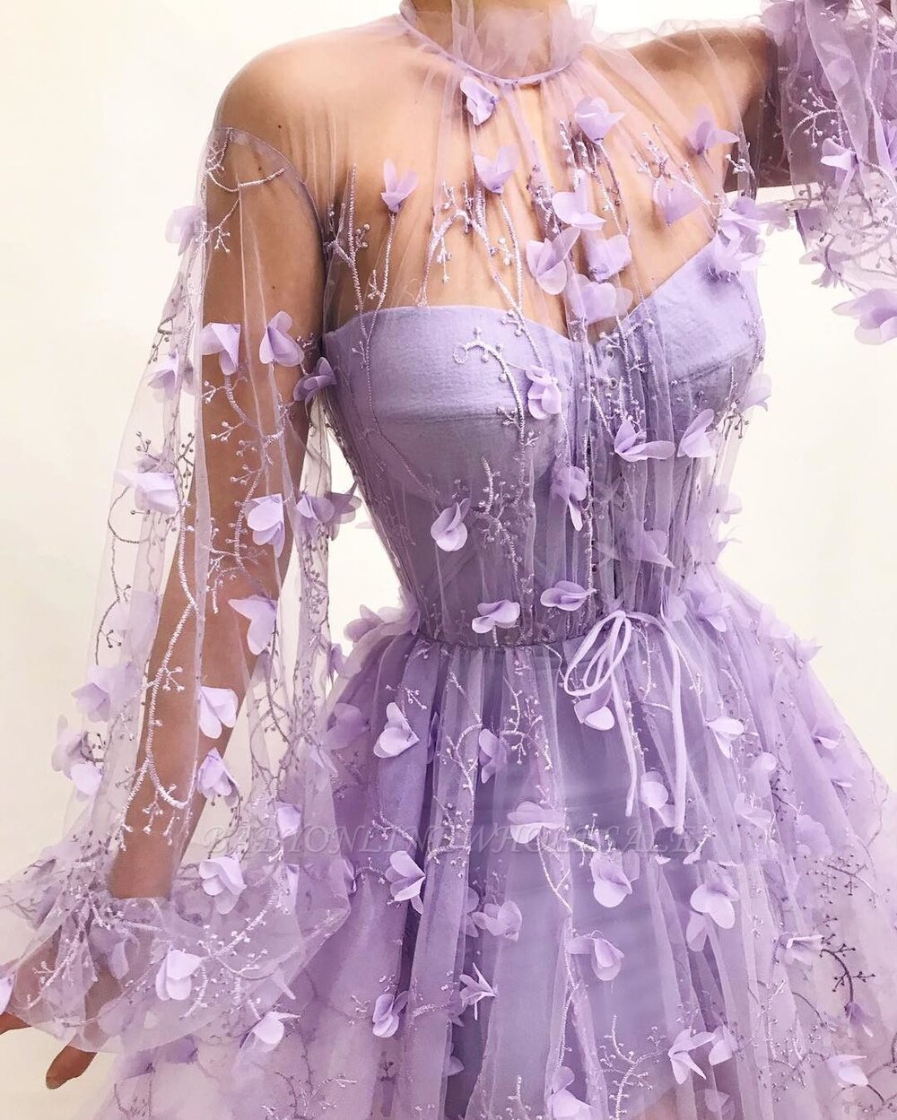 Sexy Tulle High Neck Front Slit Prom Dress _ Chic Appliques Flowers Long Sleeves Prom Dress.jpeg