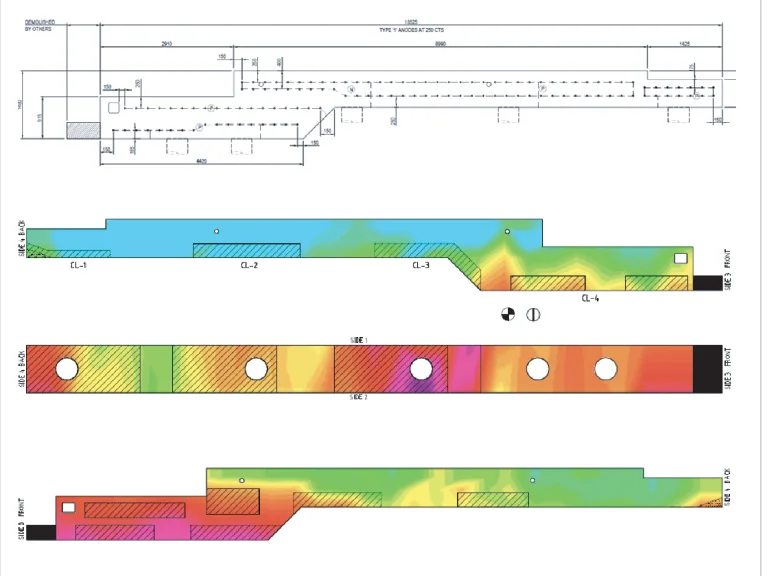 Half cell potential plots on the face of each beam incorporating spalling and delaminated areas and chloride, corrosion rate and resistivity testing to assist in the anode arrangement design. A typical arrangement of discrete anodes on a beam is shown above.