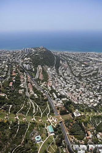 A spectacular aerial view of the Shrine of the Bab and some of its garden terraces on the northern slope of Mount Carmel in Haifa, Israel.
