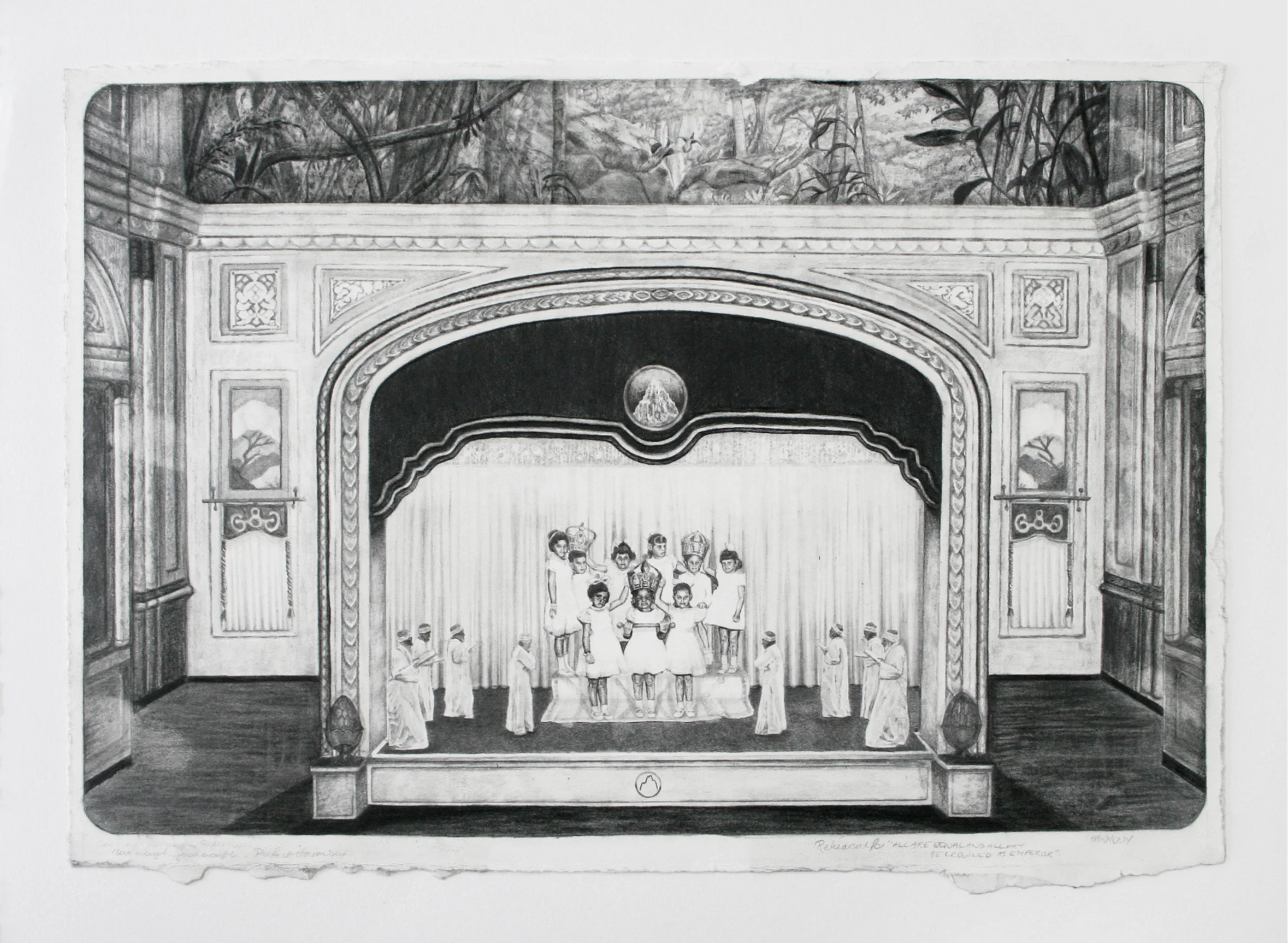 'Rehearsal for all are equal and all may be crowned emperor' - graphite and carbon pencil on layered paper.