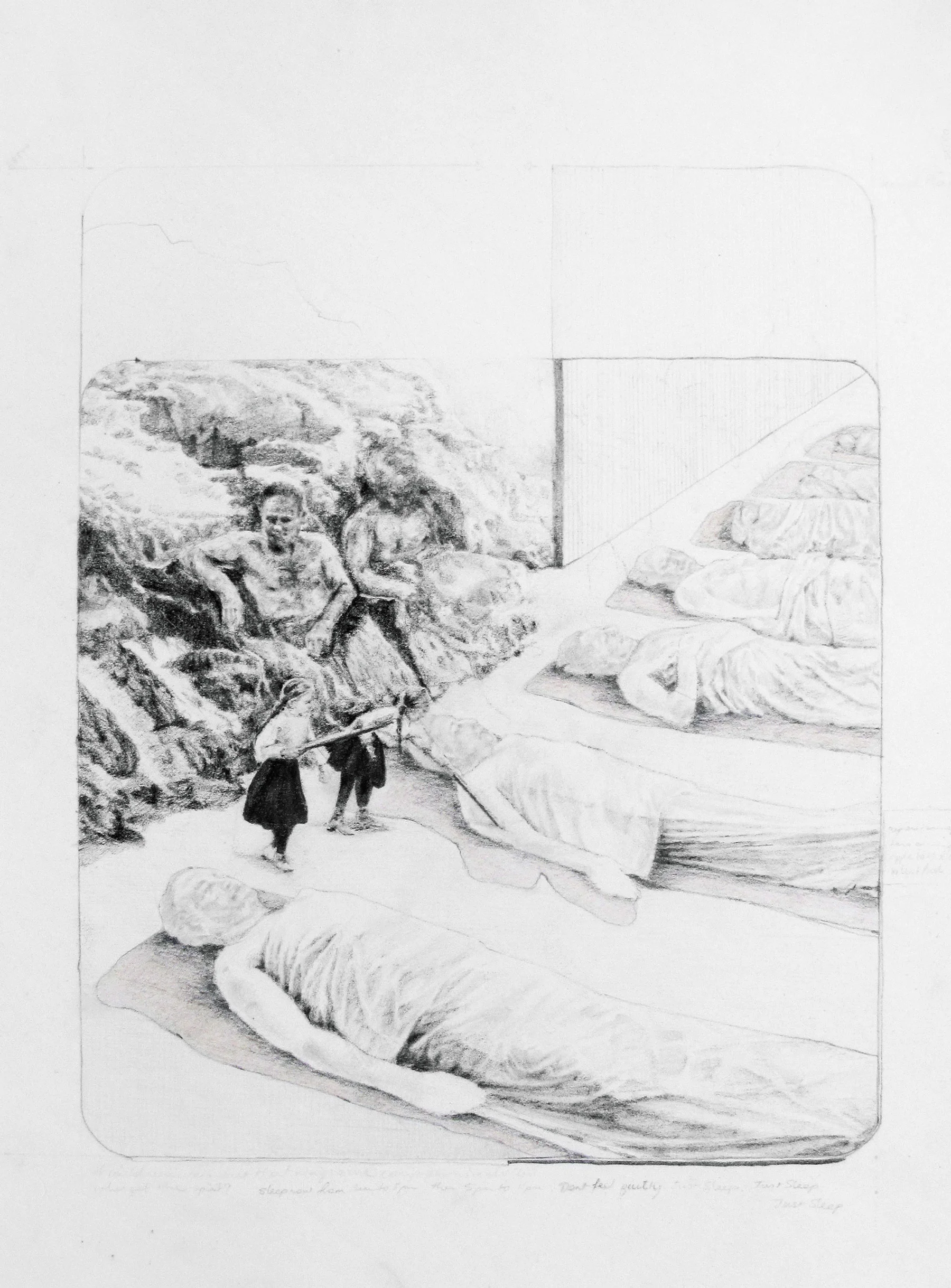 Becc Orszag, Silent Fall - carbon pencil and coloured pencil on paper, 2011.
