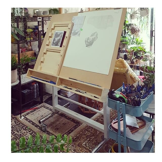 New pimped out drawing table in isolation jungle studio made by the incomparable @paulwhiteart 🖤🙏🖤 ready to complete new drawings for 'Real Worlds' at @artgalleryofnsw later this year....ya know if the world is still around and all... #realworlds 
