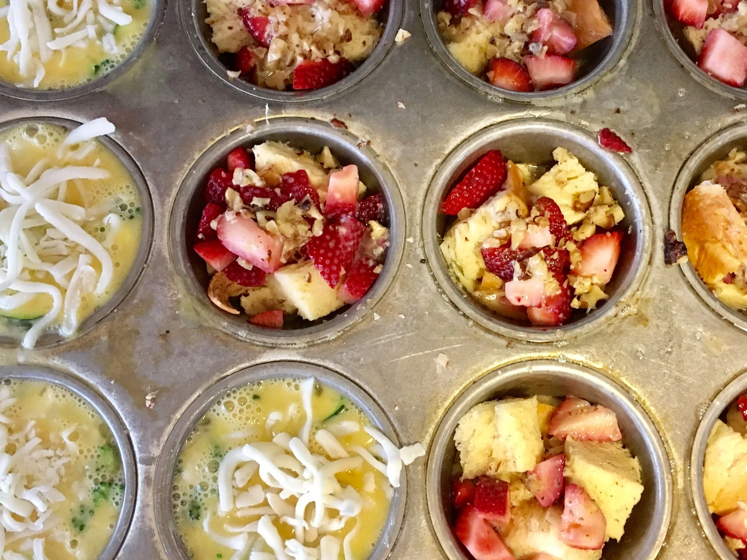 Left side: Make ahead and freeze egg bake - On the right French toast cup with strawberries