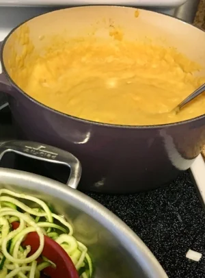 Pumpkin sweet potato soup with a side of zucchini noodles.