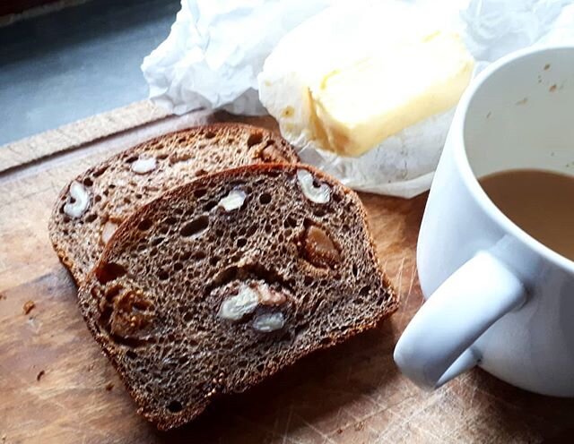 When you work through lunch and you treat yourself to a tea done right.

Fig, Walnut &amp; Cranberry Sourdough, @tamarindgardensfarm Butter and good South Indian Filter Coffee.