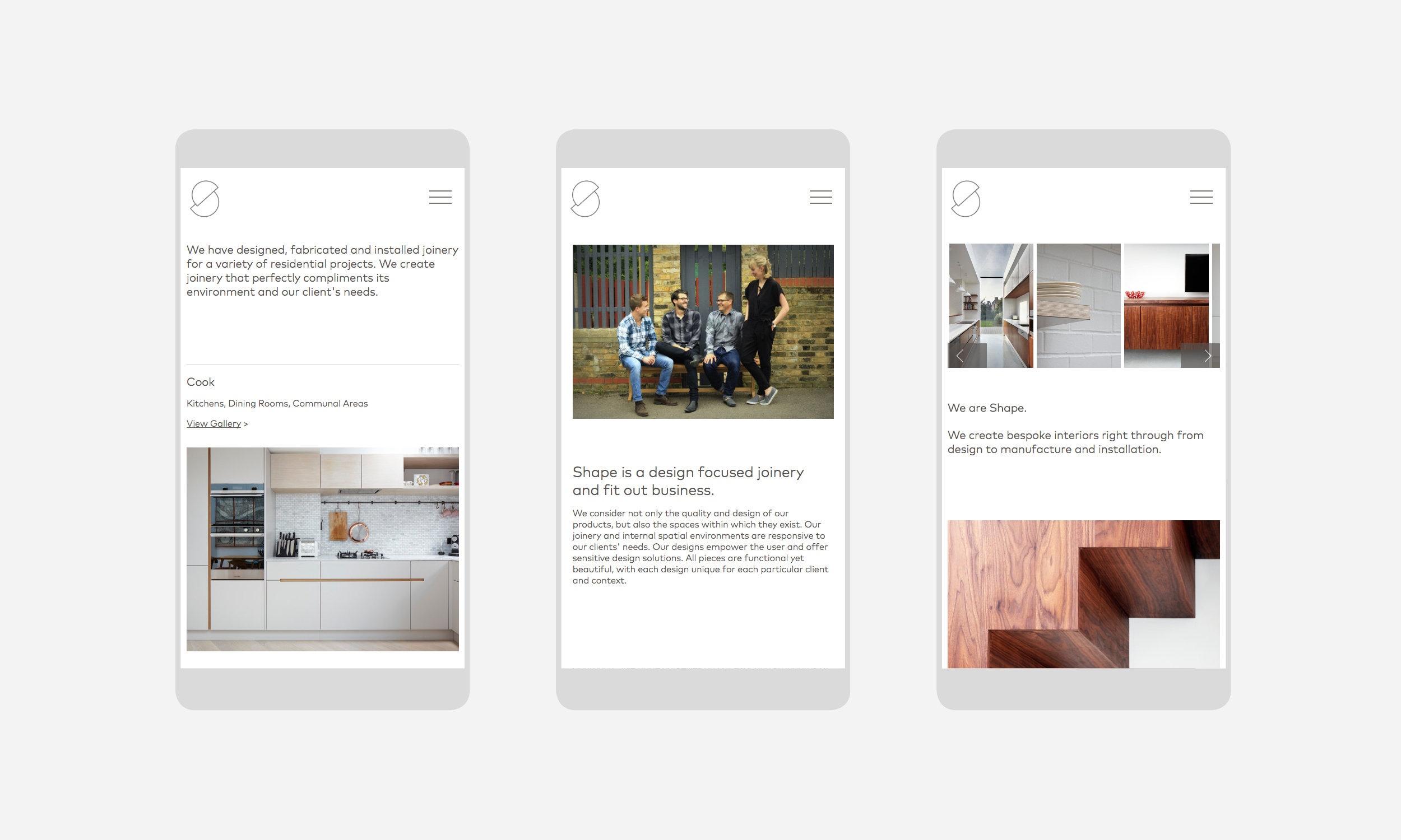 The image-rich website is intended showcase projects and expertise. Whilst the identity, type and website structure are minimal and functional, we were keen to balance this with the companies personality and culture. We did this by 'humanising' the overall feel of the website, using shots of people (or hands) alongside a friendly and accessible tone-of-voice. — www.shapelondon.co