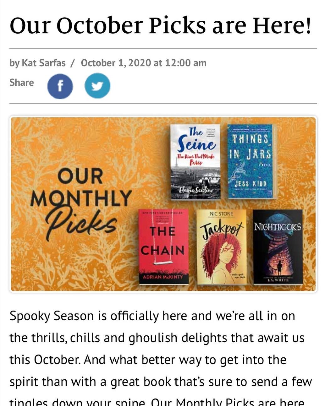 I&rsquo;m thrilled to announce that @barnesandnoble has selected &quot;The Seine&quot; as its non-fiction pick for the month of October! I am honored to be mentioned alongside the other monthly picks by @adrian_mckinty @nicstone @jawhitebooks  @jessk