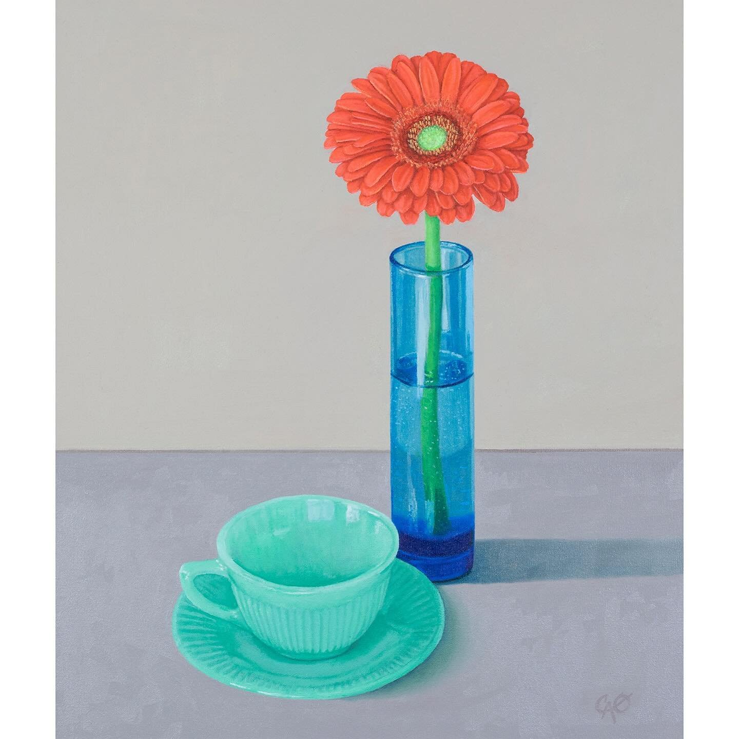 &ldquo;Daisy and Jadeite&rdquo;, oil on canvas, 14 x 12in. Gerbera Daisies are a testament to the joy and beauty that nature bestows upon us. Often associated with purity, innocence, and cheerfulness, they are believed to lessen everyday stresses. Wi